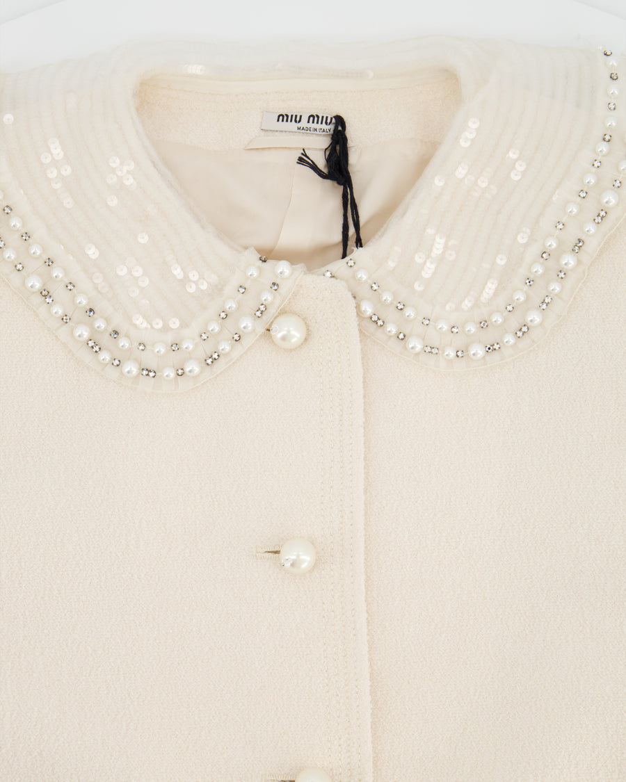 Miu Miu Cream Jacket with Peterpan Pearl Embellished Collar IT 44 (UK 12)