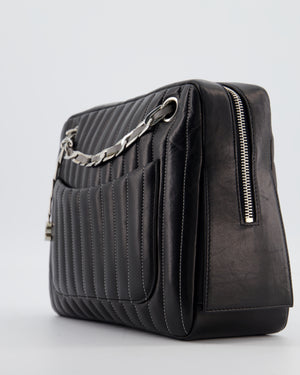 Chanel Black Mademoiselle Ligne Vertical Quilted Camera Bag in Lambskin Leather with Silver Hardware