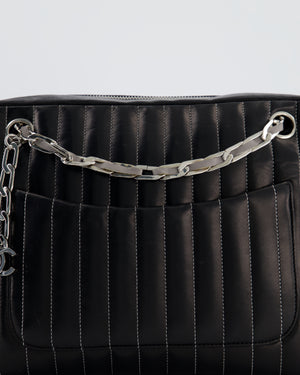 Chanel Black Mademoiselle Ligne Vertical Quilted Camera Bag in Lambskin Leather with Silver Hardware