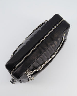 Chanel Black Mademoiselle Ligne Vertical Quilted Camera Bag in Lambskin Leather with Silver Hardware
