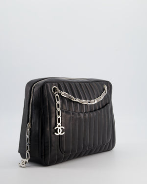 Chanel Black Mademoiselle Ligne Vertical Quilted Camera Bag in Lambskin Leather with Silver Hardware