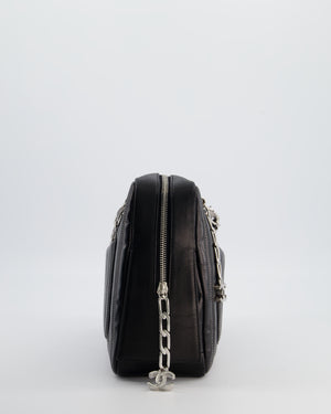 Chanel Black Mademoiselle Ligne Vertical Quilted Camera Bag in Lambskin Leather with Silver Hardware