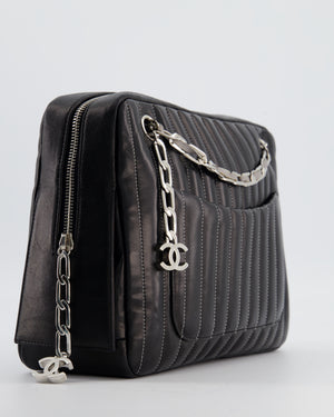 Chanel Black Mademoiselle Ligne Vertical Quilted Camera Bag in Lambskin Leather with Silver Hardware