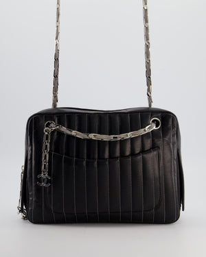 Chanel Black Mademoiselle Ligne Vertical Quilted Camera Bag in Lambskin Leather with Silver Hardware