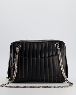 Chanel Black Mademoiselle Ligne Vertical Quilted Camera Bag in Lambskin Leather with Silver Hardware