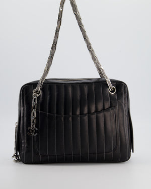 Chanel Black Mademoiselle Ligne Vertical Quilted Camera Bag in Lambskin Leather with Silver Hardware