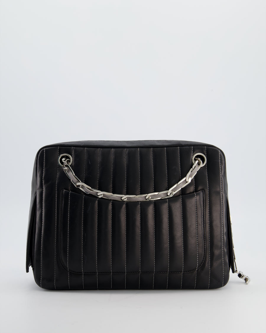 Chanel Black Mademoiselle Ligne Vertical Quilted Camera Bag in Lambskin Leather with Silver Hardware
