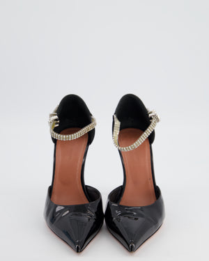 Amina Muaddi Black Patent Leather Pointed Toe Heels with Crystal Strap Detail Size EU 38