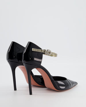 Amina Muaddi Black Patent Leather Pointed Toe Heels with Crystal Strap Detail Size EU 38