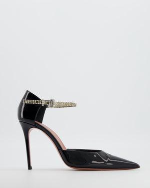 Amina Muaddi Black Patent Leather Pointed Toe Heels with Crystal Strap Detail Size EU 38