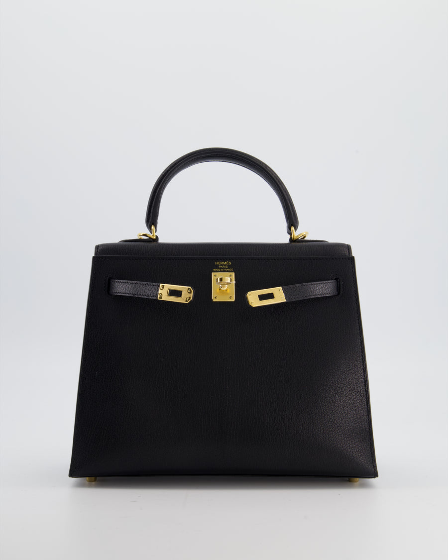 *SUPER RARE* Hermès Kelly 25 Sellier Bag in Noir Chèvre Chamkila Leather with Gold Hardware