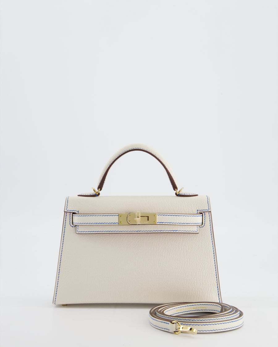 *RARE* Hermès HSS Mini Kelly II 20 Bag in Nata Blue France Stitching with Framboise Interior Chevre Leather and Permabrass Hardware