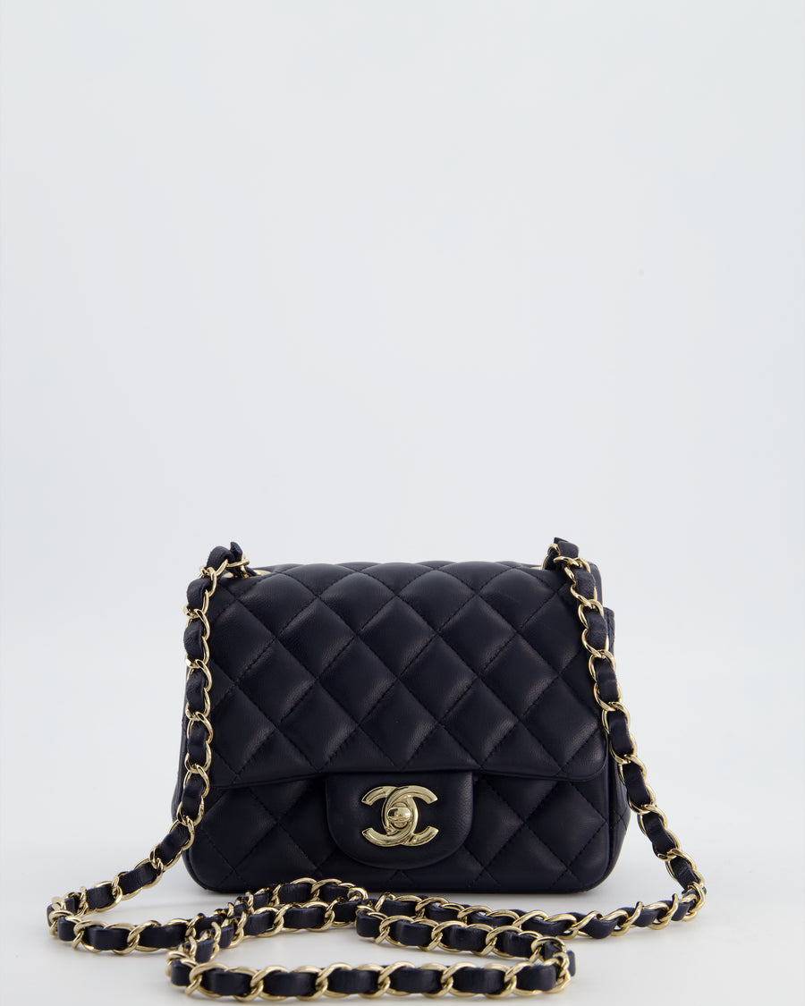 Chanel Navy Mini Square Classic Flap Bag in Lambskin Leather with Champagne Gold Hardware