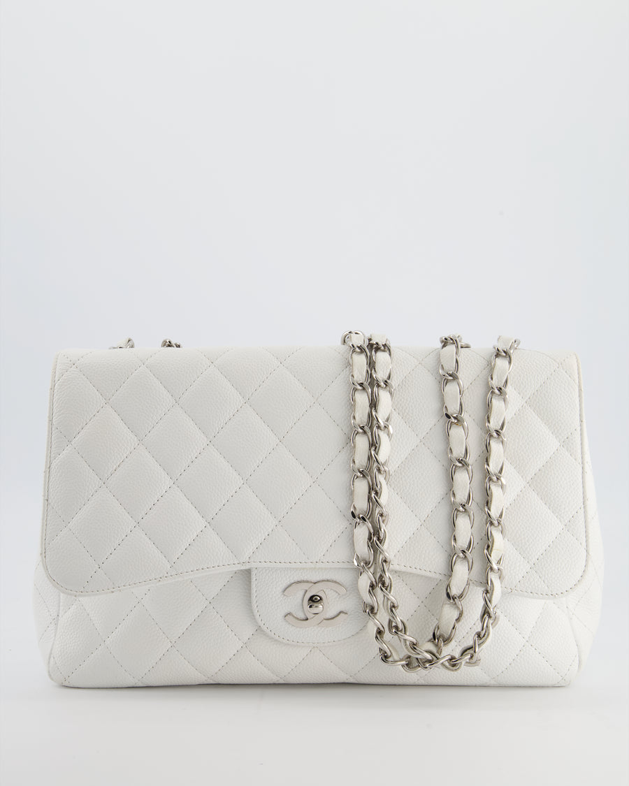 *SUPER FIRE PRICE* Chanel White Jumbo Classic Single Flap Bag in Caviar Leather with Silver Hardware