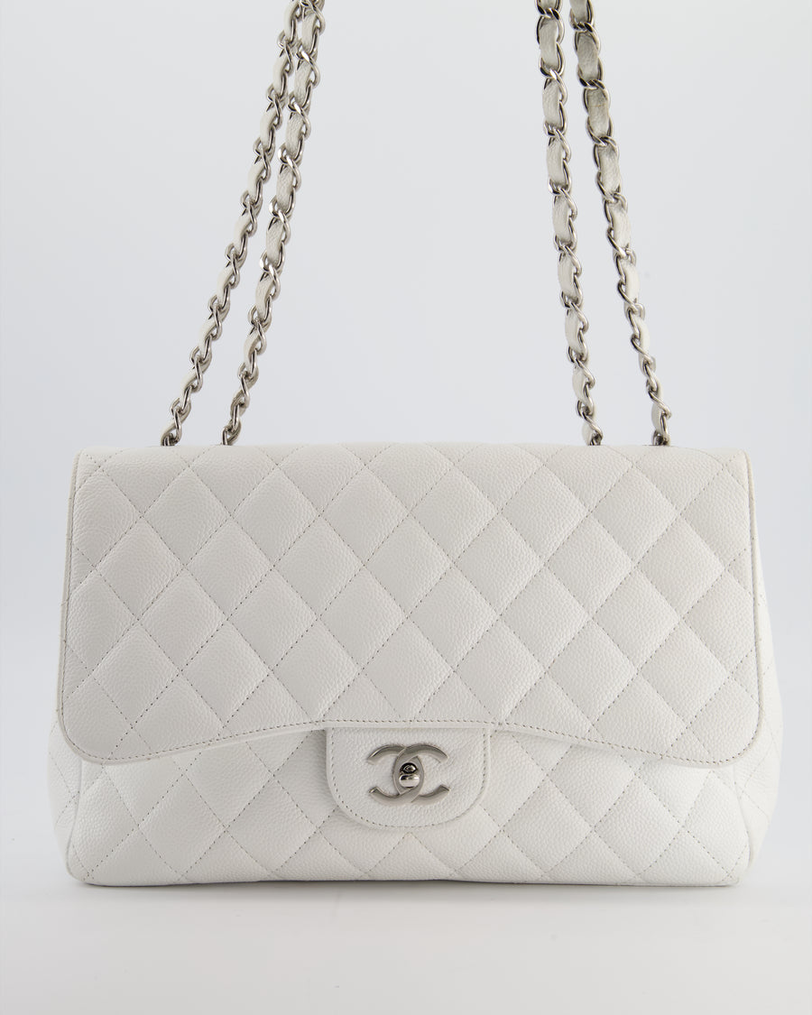 *SUPER FIRE PRICE* Chanel White Jumbo Classic Single Flap Bag in Caviar Leather with Silver Hardware