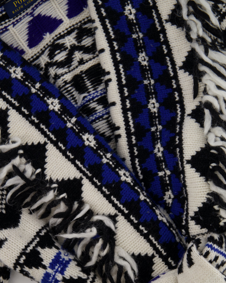 Polo Ralph Lauren White, Blue, and Black Wool-Blend Belted Cardigan with Fringe Trim Detail Size M (UK 10) RRP £795