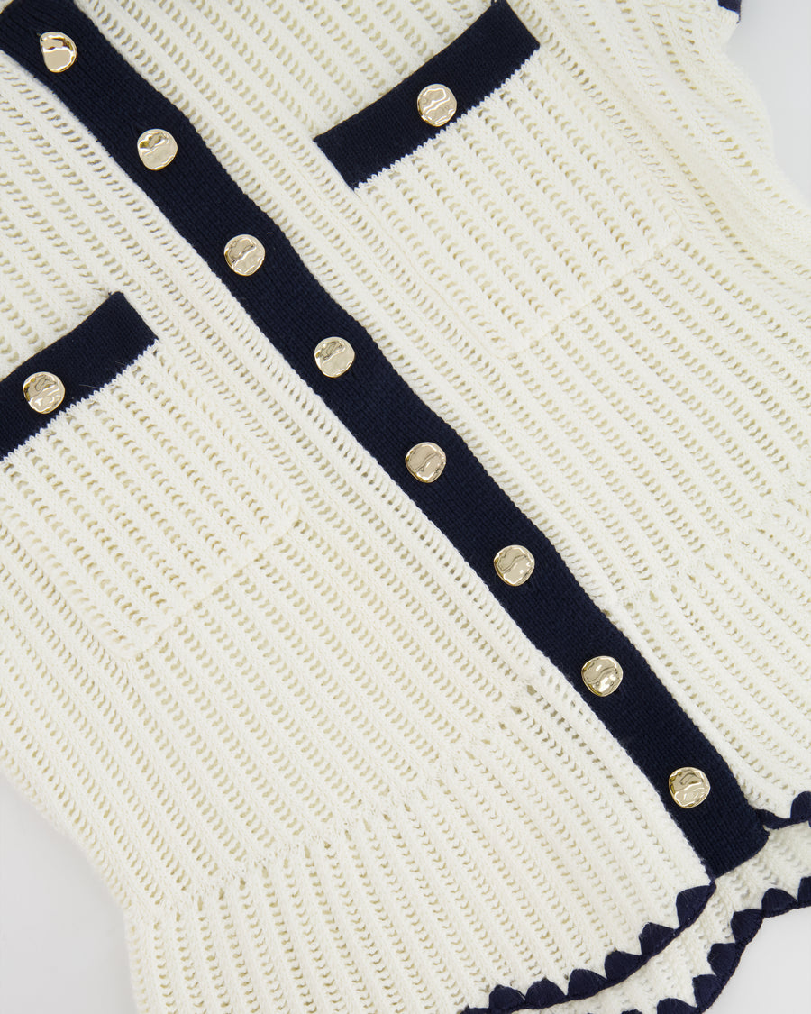 Self Portrait Cream Knit Top with Navy Trim Detail and Gold Buttons Size S (UK 8) RRP £285