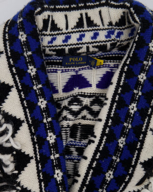 Polo Ralph Lauren White, Blue, and Black Wool-Blend Belted Cardigan with Fringe Trim Detail Size M (UK 10) RRP £795