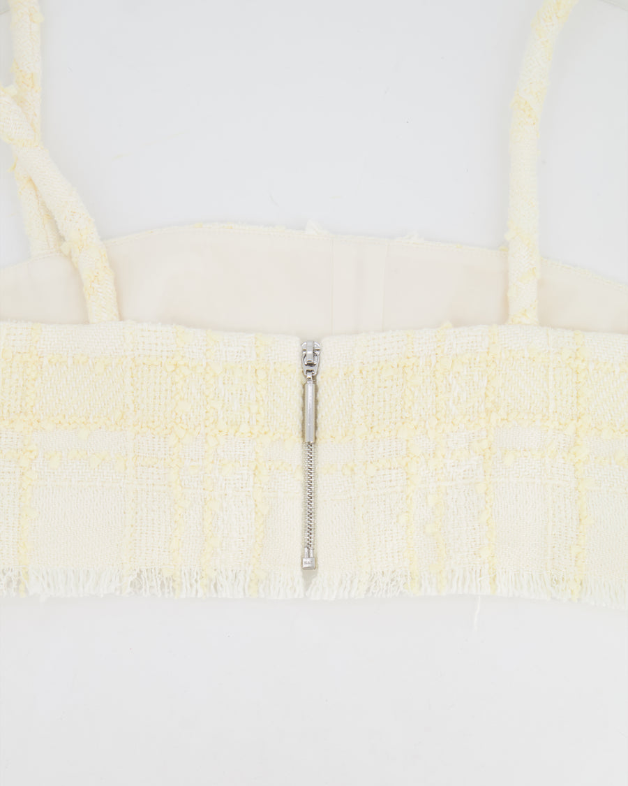 Alexis Cream and Butter Yellow Tweed Cropped Top with Fringe Trim Detail Size M (UK 10)