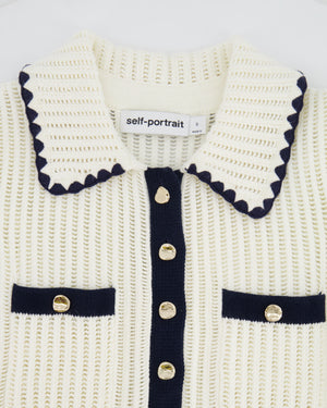 Self Portrait Cream Knit Top with Navy Trim Detail and Gold Buttons Size S (UK 8) RRP £285