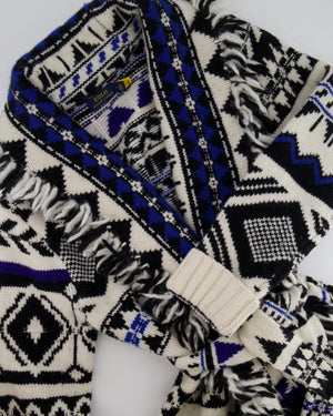 Polo Ralph Lauren White, Blue, and Black Wool-Blend Belted Cardigan with Fringe Trim Detail Size M (UK 10) RRP £795