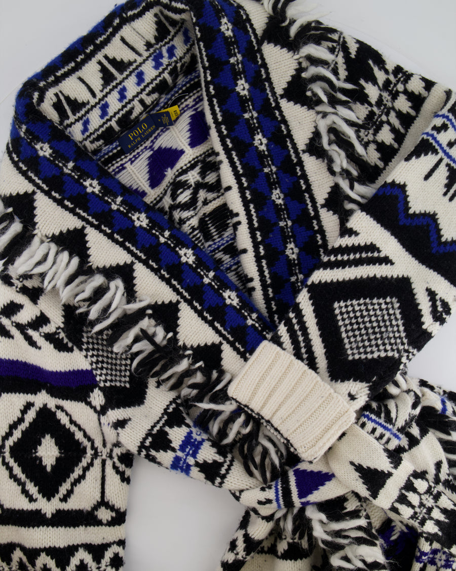 Polo Ralph Lauren White, Blue, and Black Wool-Blend Belted Cardigan with Fringe Trim Detail Size M (UK 10) RRP £795