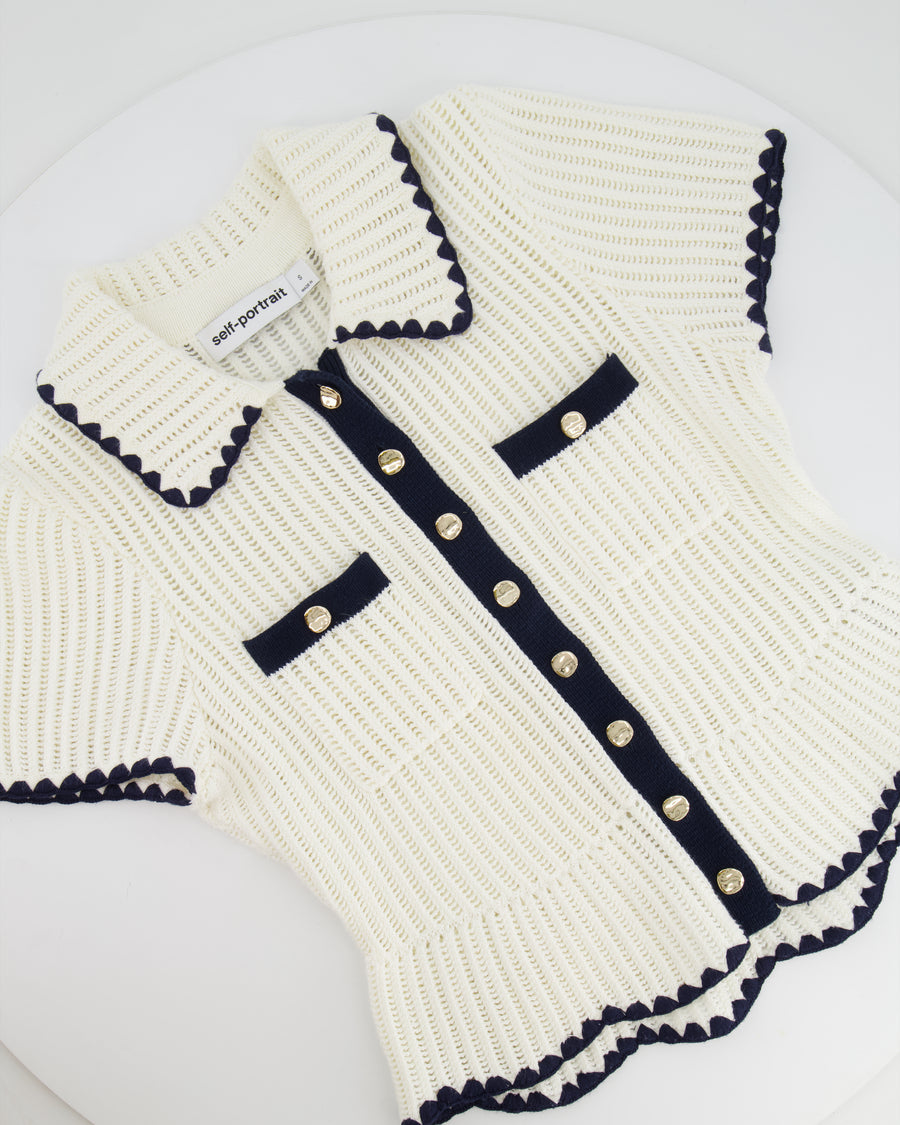 Self Portrait Cream Knit Top with Navy Trim Detail and Gold Buttons Size S (UK 8) RRP £285