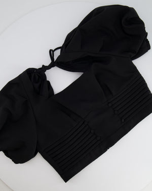 Self Portrait Black Ottoman Square Neck Cropped Top with Puff Sleeves and Open Back Detail Size UK 14 RRP £215