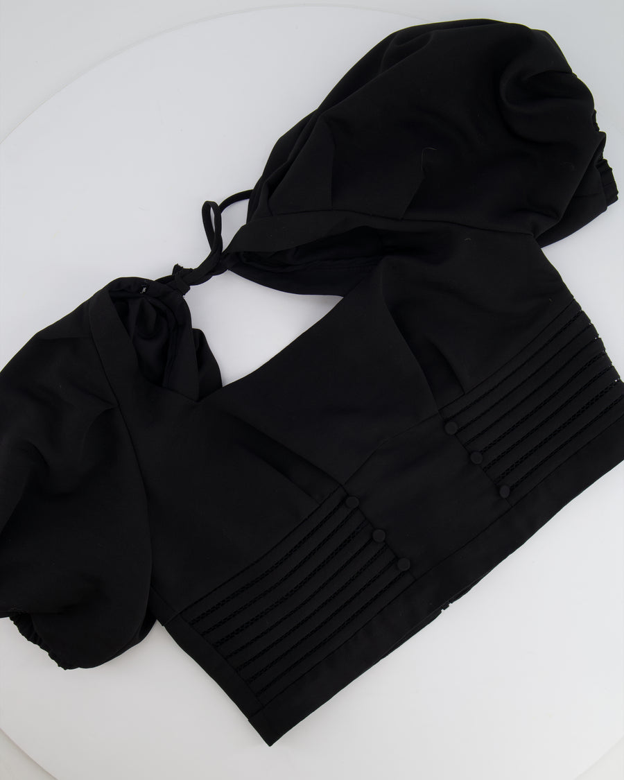 Self Portrait Black Ottoman Square Neck Cropped Top with Puff Sleeves and Open Back Detail Size UK 14 RRP £215