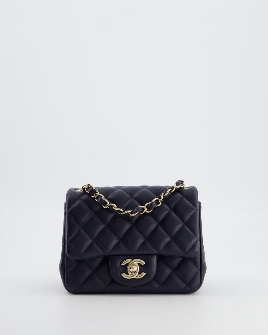 Chanel Navy Mini Square Classic Flap Bag in Lambskin Leather with Champagne Gold Hardware