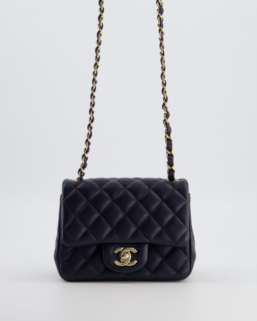 Chanel Navy Mini Square Classic Flap Bag in Lambskin Leather with Champagne Gold Hardware