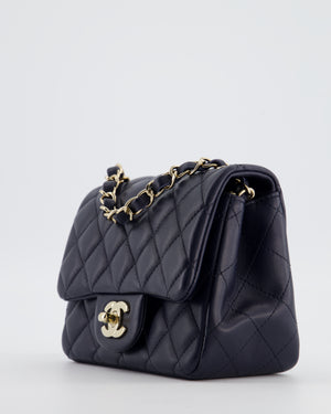 Chanel Navy Mini Square Classic Flap Bag in Lambskin Leather with Champagne Gold Hardware