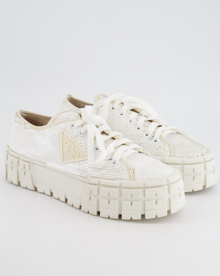 Prada White Sequin Sneakers with Rubber Logo Detail Size EU 39.5