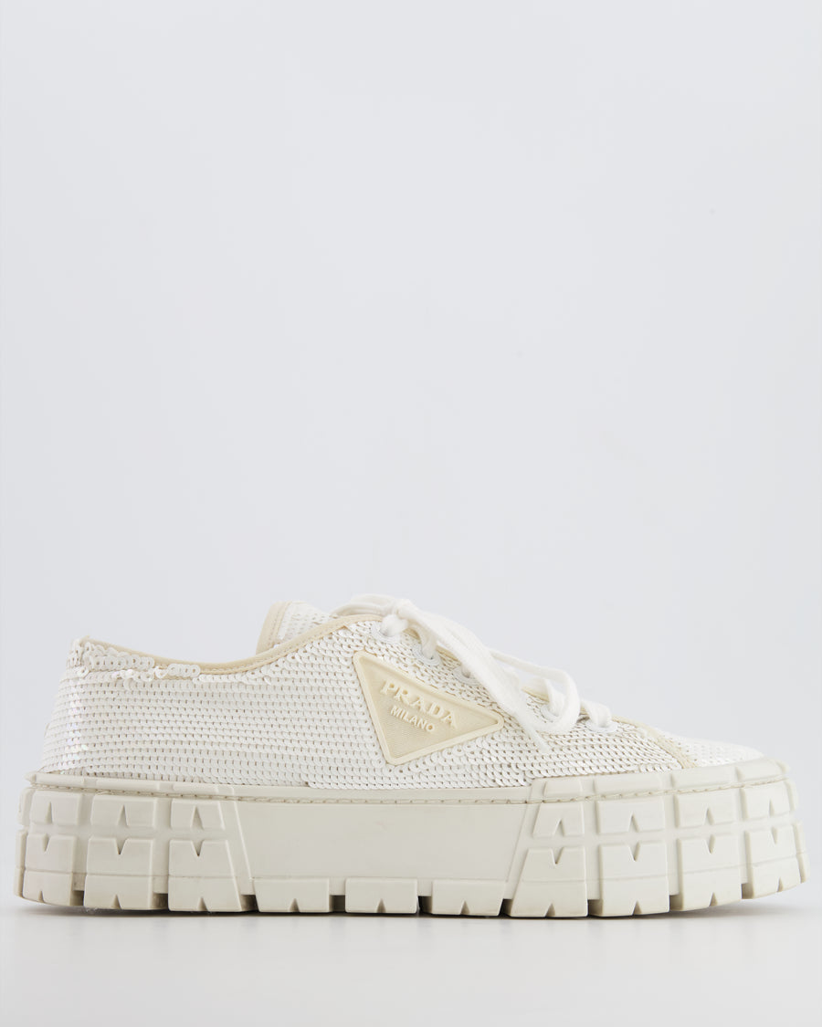 Prada White Sequin Sneakers with Rubber Logo Detail Size EU 39.5