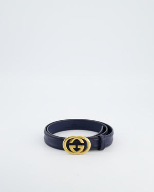 Gucci Navy GG Logo Leather Thin Belt with Gold Hardware Size 85cm