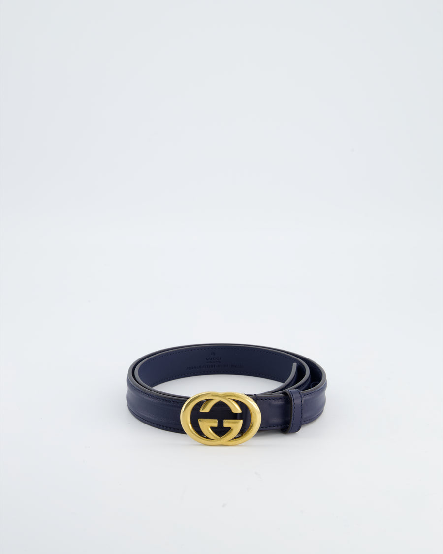 Gucci Navy GG Logo Leather Thin Belt with Gold Hardware Size 85cm