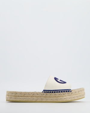 Gucci Beige Canvas & Raffia Platform Sandals with GG Logo Size EU 40.5