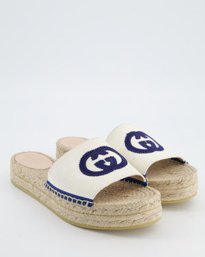 Gucci Beige Canvas & Raffia Platform Sandals with GG Logo Size EU 40.5