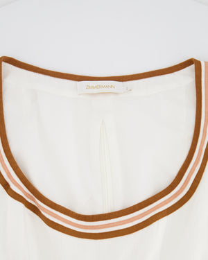 Zimmermann White Linen Crop Top with Ruffled Sleeves and Brown Trims with Bow Detail Size 2 (UK 12)