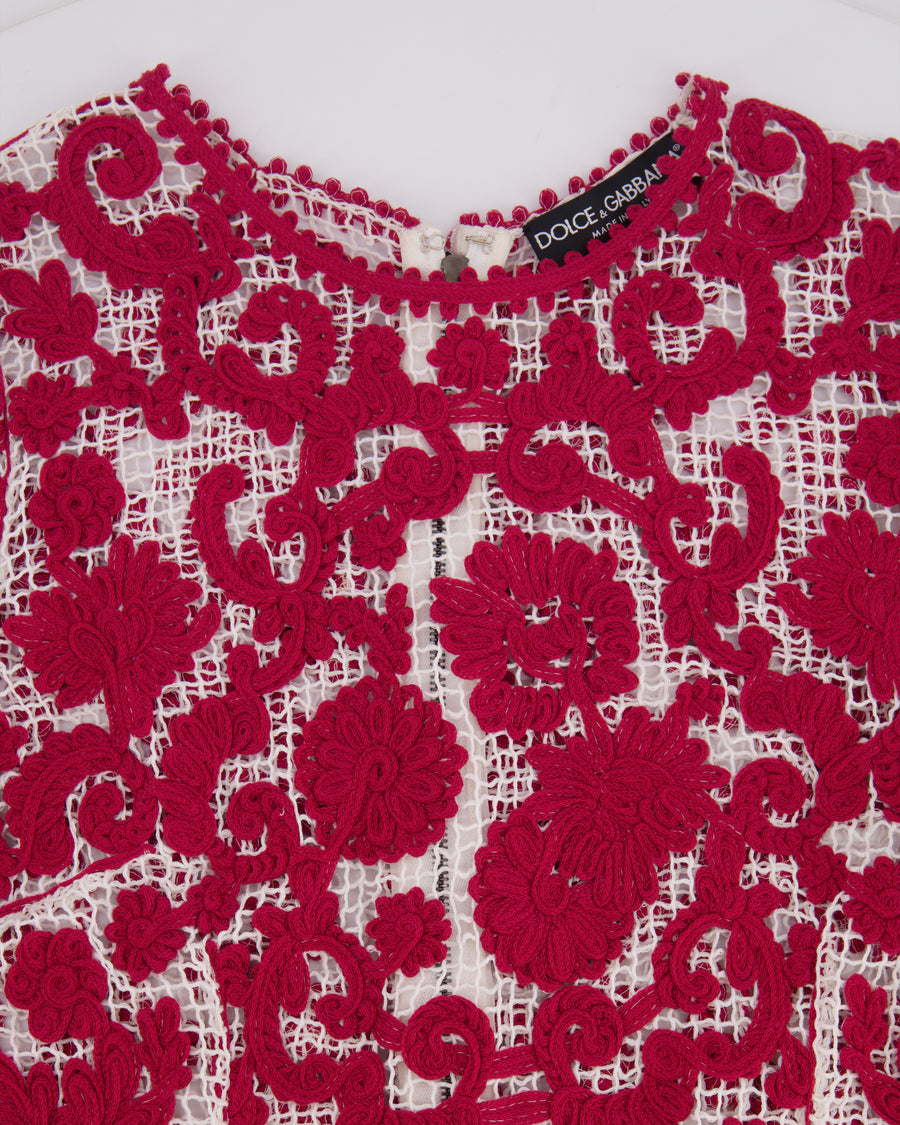 Dolce & Gabbana Red and White Crochet Long Sleeved Mini Dress Size IT 42 (UK 10)