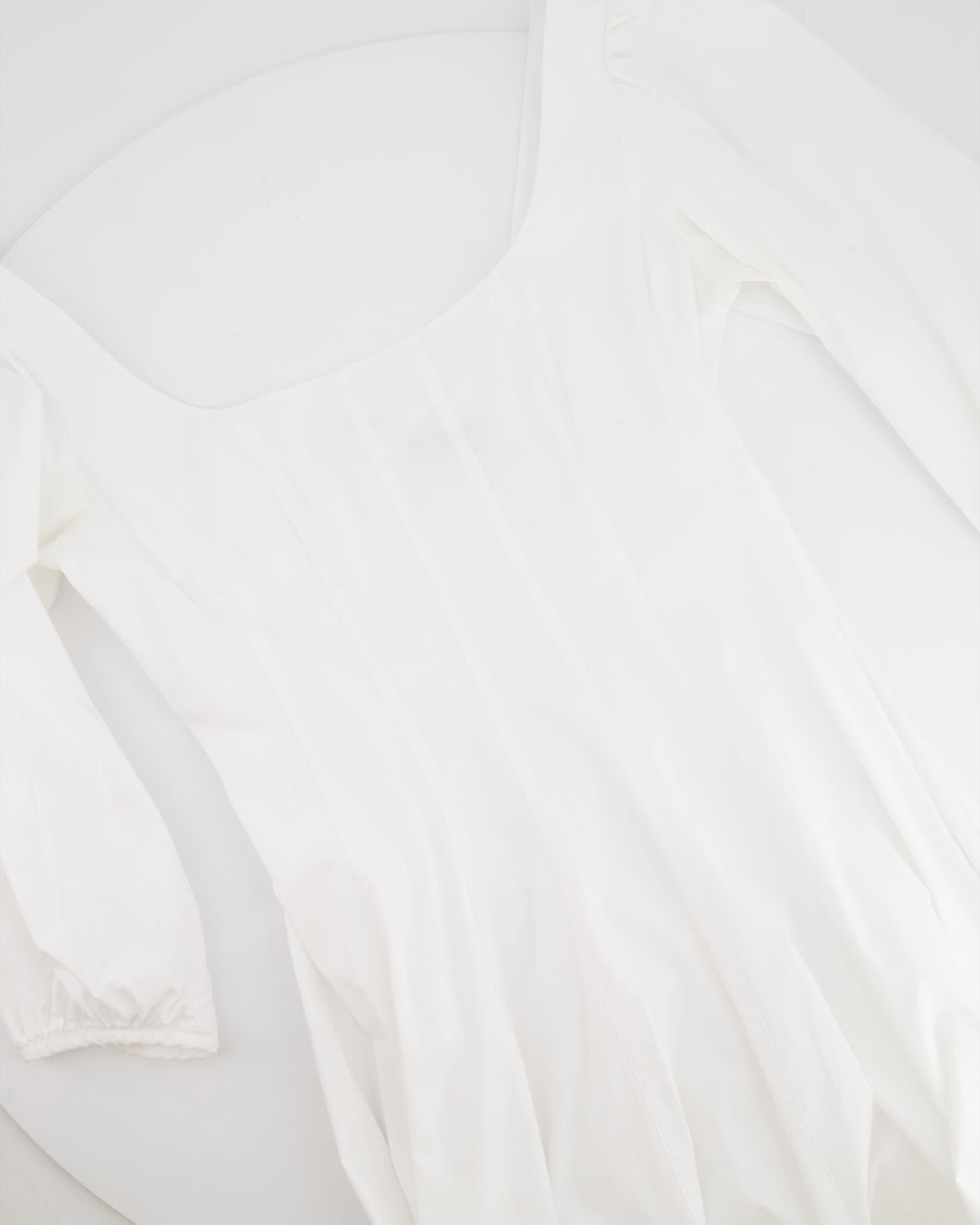 Staud White Midi Dress with Square Neckline Detail and Puff Sleeves Size US 8 (UK 12)