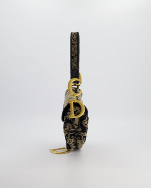 Christian Dior Blue and Beige Ornamental Embroidery Saddle Bag with Antique Gold Hardware