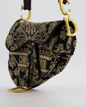 Christian Dior Blue and Beige Ornamental Embroidery Saddle Bag with Antique Gold Hardware