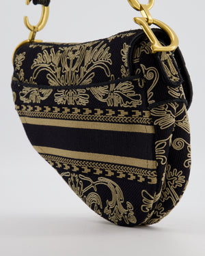 Christian Dior Blue and Beige Ornamental Embroidery Saddle Bag with Antique Gold Hardware
