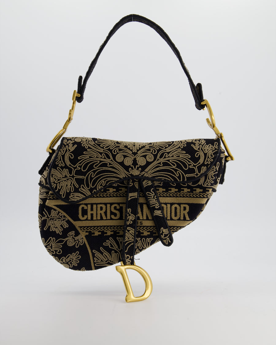 Christian Dior Blue and Beige Ornamental Embroidery Saddle Bag with Antique Gold Hardware