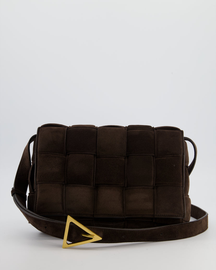 *HOT* Bottega Veneta Chocolate Brown Cassette Padded Intrecciato Suede Shoulder Bag with Gold Hardware