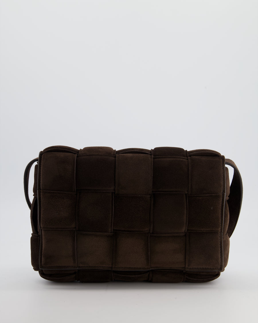*HOT* Bottega Veneta Chocolate Brown Cassette Padded Intrecciato Suede Shoulder Bag with Gold Hardware