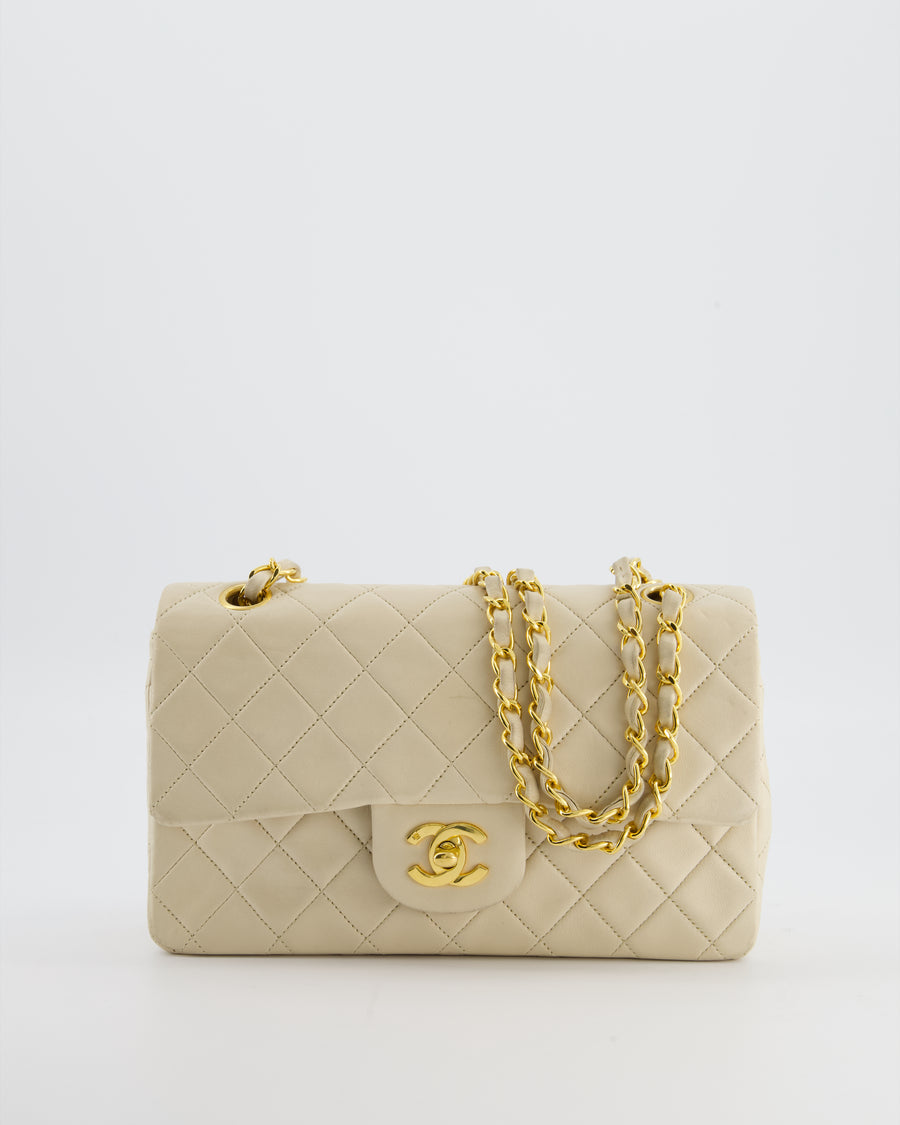 Chanel Cream Vintage Small Classic Double Flap Bag in Lambskin Leather with 24K Gold Hardware