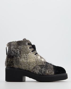 Chanel Grey Tweed and Pearl Lace Up Combat Boots with CC Logo Size EU 37.5