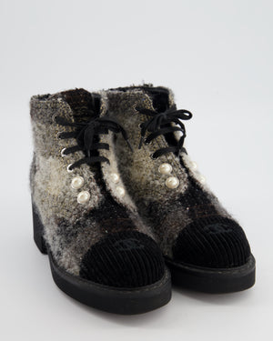Chanel Grey Tweed and Pearl Lace Up Combat Boots with CC Logo Size EU 37.5